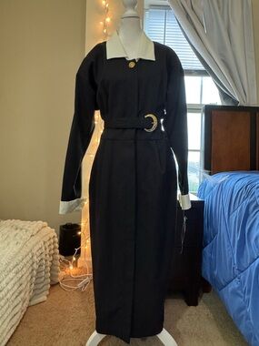 Black Midi Dress with White Collar and Cuff Detail